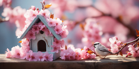 a beautiful birdhouse on a branch with blooming pink flowers and a flying birdの素材