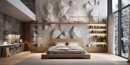 Climbing wall in a stylish and modern teenagers room with a huge window and a comfortable bedの素材