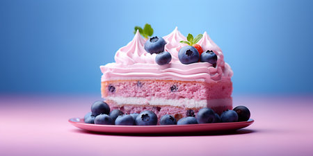 piece of delicious cake on a plate and blue background with blueberries and whipped creamの素材