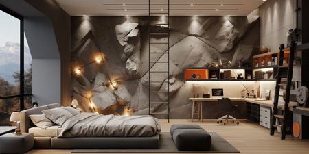 Climbing wall in a stylish and modern teenagers room with a huge window and a comfortable bedの素材