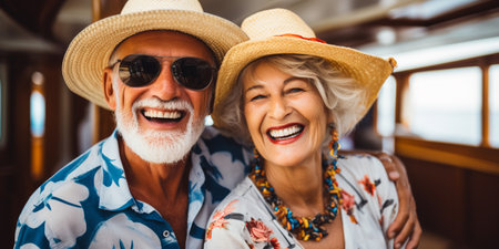 Beautiful retired senior couple enjoying cruise vacation. Senior man and woman having fun on a cruise ship. Old man and old lady travelling by seaの素材