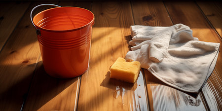 bucket with water and a rag on the parquet, cleaning and washing the floorsの素材