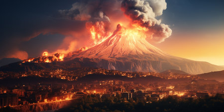 volcanic eruption on the island, fire and lava, a lot of smoke, natural disaster and catastropheの素材