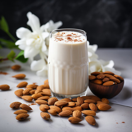 Dairy free vegan milk concept with glass of milk surrounded with almond and cashew nuts and soy beansの素材