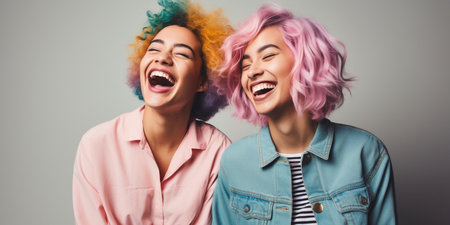 girl friends with colorful hair next to each other smiling, lgbt love themeの素材