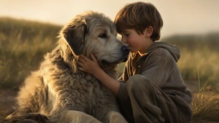 caring for animals, friendship between a dog and a manの素材