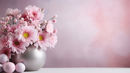 a bouquet of flowers and eggs on a table with a pastel backgroundの素材