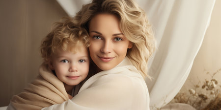 Mom and her beloved child in arms, tenderness and care, mothers loveの素材