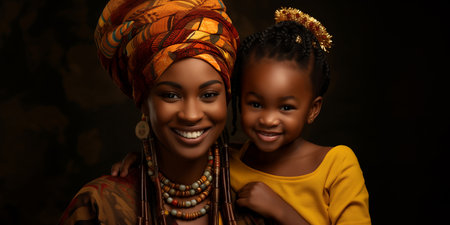 African woman with her baby on brown background, smiling and hugging, motherly love and careの素材