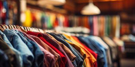 Collection of colorful t-shirts on a clothes rack for sale in store. Second hand resale storeの素材