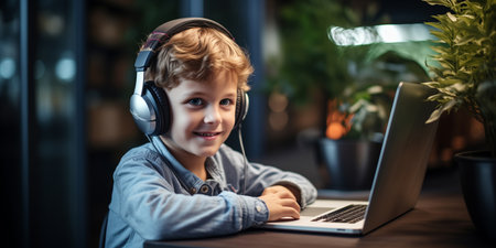 A smiling European boy sits at a table with a laptop and headphones in a cozy room and studies an online lesson. The concept of homeschoolingの素材