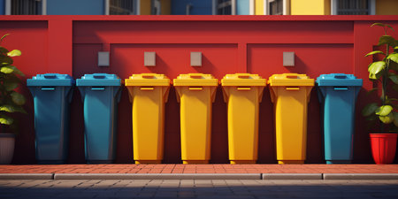 A row of garbage cans for sorting garbage in red yellow green and blue colors against the backdrop of a blurred parkの素材
