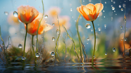 Spring background with waking nature, water drops and flowersの素材