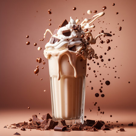 Chocolate milkshake in a glass with splashes, caramel and chocolate pieces on a beige backgroundの素材