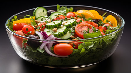 healthy and healthy salad with vegetables and herbs in a glass salad bowlの素材
