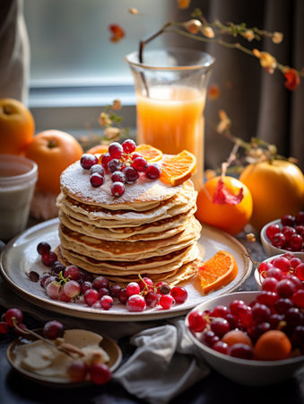 healthy breakfast with pancakes, oranges, berriesの素材