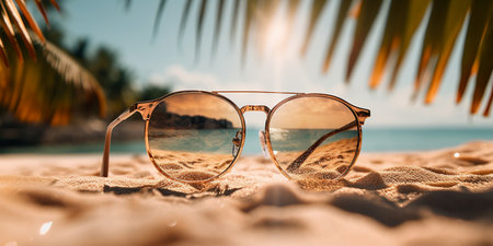 Pair of sunglasses reflecting tropical beach on the sea coast, vacation and travel conceptの素材