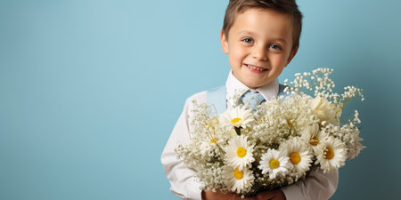 cute little boy with a bouquet of wild flowers for mom on a turquoise backgroundの素材