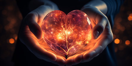 glowing heart in womans handsの素材