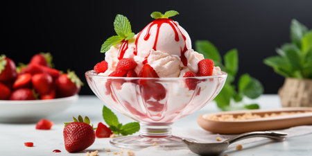 Close-up of pink ice cream with berries and mint sprigs in a glass bowlの素材