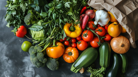 Top view of vegetables and fruits spilling out of a paper bag with space for textの素材