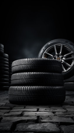 Car tires with copy space, an illustrative concept for auto parts business and car repair shopの素材