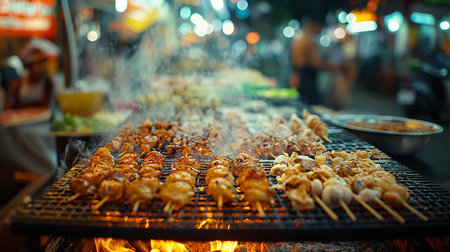 street food with blurred background of food truck at city festivalの素材