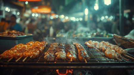 street food with blurred background of food truck at city festivalの素材