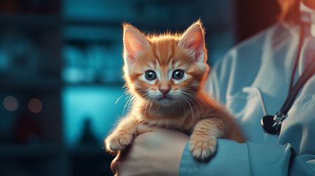 Cropped view of veterinarian in blue coat holding cute ginger cat in hands, caring and treating animalsの素材