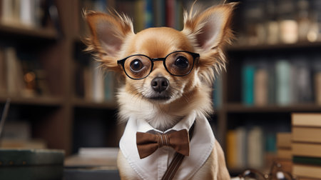 dog scientist wearing glasses and a white shirt with a bow tieの素材