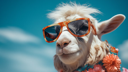 white goat with sunglassesの素材