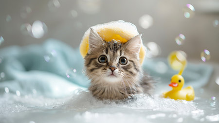 funny happy cat in the bathroom, foam around, a yellow duck, a shower cap on the catâs head, bubblesの素材