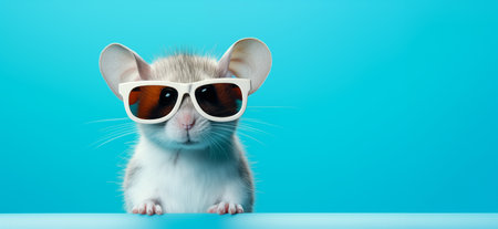cute funny mouse in big sunglasses, funny photo, place for textの素材