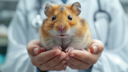 Cropped view of veterinarian in blue coat holding cute hamster in hands, caring and treating animalsの素材