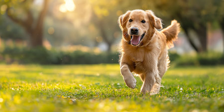 Happy cute golden retriever running smiling across green lawnの素材