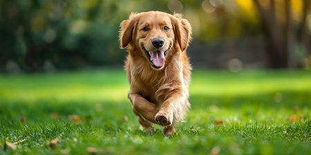 Happy cute golden retriever running smiling across green lawnの素材