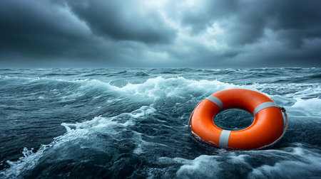Lifebuoy floating on sea in storm weatherの素材