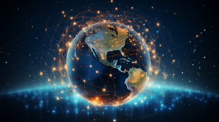 Abstract network vector concept with world globe. Internet and global connection backgroundの素材