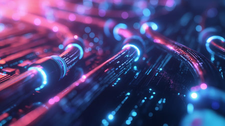 Glowing data cables transferring information backgroundの素材