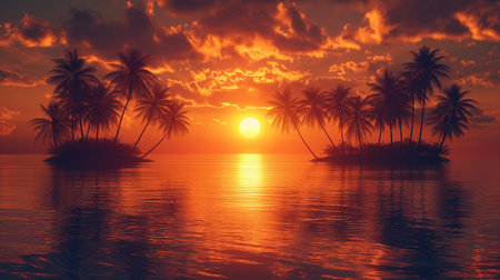 a beautiful tropical beach with palm trees, beautiful warm lightの素材