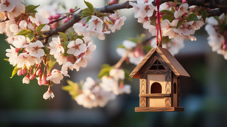 a beautiful birdhouse on a branch with blooming pink flowers and a flying birdの素材