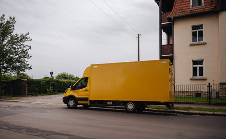 van delivers packages in the city. High quality photo
