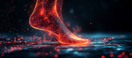 Abstract red glowing pain on human foot with a network of dots and lines, a concept for digital technology or medical. High quality photoの素材
