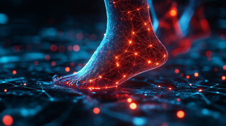 Abstract red glowing pain on human foot with a network of dots and lines, a concept for digital technology or medical. High quality photoの素材