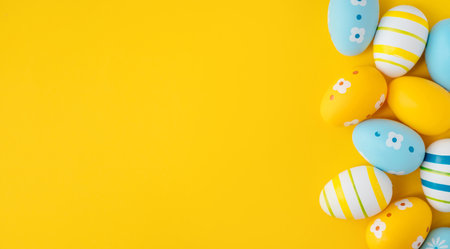 A vibrant yellow background with colorful Easter eggs, creating a festive atmosphere and leaving...