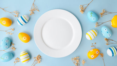 A beautifully arranged Easter table with festive decorations, traditional food, and colorful eggs,...