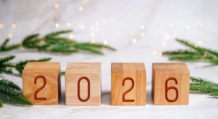 Wooden cubes with numbers 2026 on festive New Year background, holiday decoration concept. High...