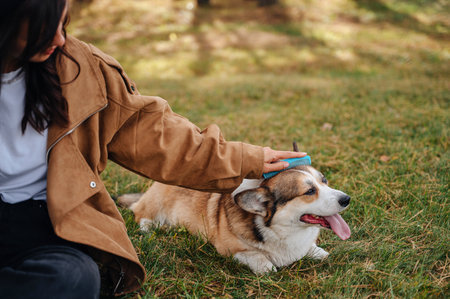 Young beautiful woman combing fur dog on a green lawnの写真素材