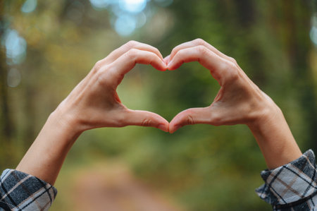 Heart symbol made with hands on natural background, love and care concept