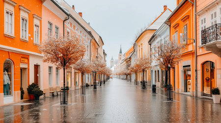 Vibrant Autumn City Street in Europe with Colorful Buildings and Rain.の素材